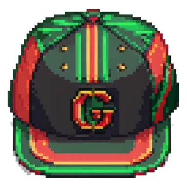 pixel art Gucci cap with green and red stripes and gold accent sticker