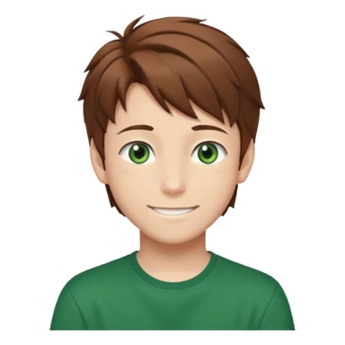 the face of an Anime teen boy with brown hair, green eyes, looking smiling slightly sideways positioned. Face must be main filling of the emoji.  128px sticker