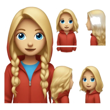 Girl with blue eyes and long blonde hair wearing a red hoodie sticker