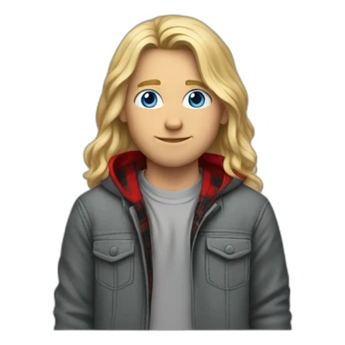 long haired blond guy, blue eyes, wearing a grey hoodie zip up with a red and black flannel under the jacket sticker