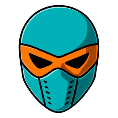 teal and orange ski mask with menacing face sticker
