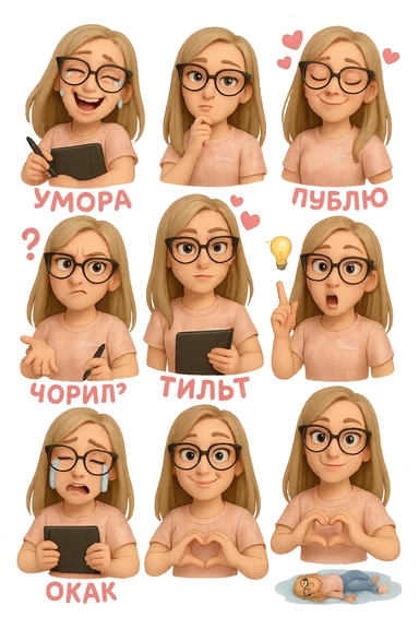 «Создай набор из 10 наклеек в стиле 3D cartoon  женского персонажа (30 лет выглядит моложе)  с прямыми светло русыми волосами ниже лопаток, светлой кожей, большими выразительными голубыми глазами, черные очки для зрения формы кошачий глаз, нос чуть с горбинкой.
Персонаж должен носить пастельную розово-бежевую тай дай футболку с вышивкой @ByUnicorn, голубые джинсы фасона мом, персонаж должен иметь разные выражения: смех до слез и подпись внизу пастельно-розовым текстом УМОРА, задумчивость, влюбленность (с сердцами вокруг головы) и надпись пастельно розовая ЛУБЛУ, злость с паром из носа и подписью внизу пастельно розовым текстом ТИЛЬТ, растерянность (со знаком вопроса) и подпись пастельно-розовым текстом ЧОРИЛ?, наличие идеи (с зажженной лампочкой), плач со слезами из глаз, удивление с открытым ртом и подписью пастельно розовым текстом ОКАК, создание сердца руками, лежит на спине раскинула руки и ноги в стороны в луже слез. Размер картинки не ограниченный, чтобы все наклейки вместились без обрезки. Стиль мультяшный  DreamWorks, мягкий свет, прозрачный фон, и добавь персонажу в руки графический планшет следи чтобы выглядело органично, красиво, не нарушая законы природы и физики, можешь добавить в другую руку перо от графического планшета, если это будет позволять смысл стикера» sticker
