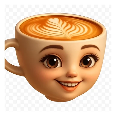 Edita la imagen para que el personaje de la taza de café  MANTENGA exactamente su estilo original,  y colores según la imagen de referencia. ELIMINA FONDO PARA QUE QUEDE TIPO EMOJI NO DBE TENER CUELLO. sticker