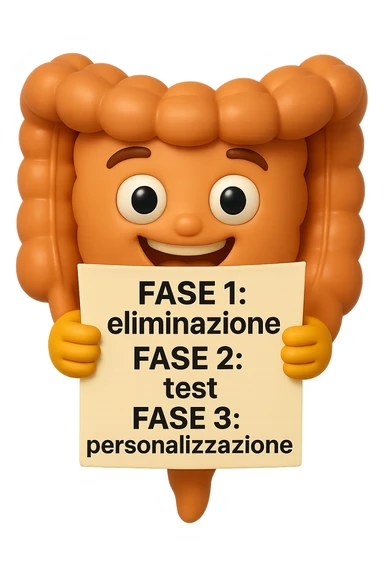 emoji stile iphone 3d di un intestino che tiene in mano un foglio con la scritta "FASE 1: eliminazione, FASE 2: test, FASE 3: personalizzazione, IPERREALISTICO 4K sticker
