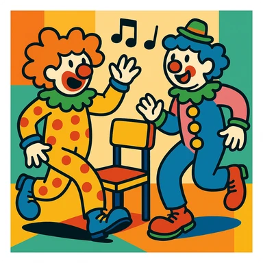 two clowns playing musical chairs, playful and colorful vibrant toon style sticker