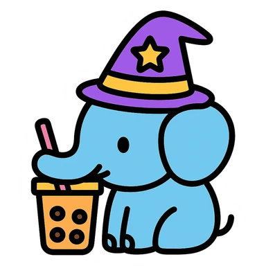 elephant with wizard hat and bubble tea, colorful outlines, modern icon style sticker