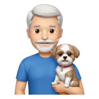 handsome gentleman, 60 years old, short silver hair, beard/moustache, wearing a blue t-shirt, smiling and holding a shih tzu sticker