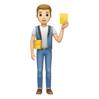 man in jeans holding a yellow card in one hand sticker