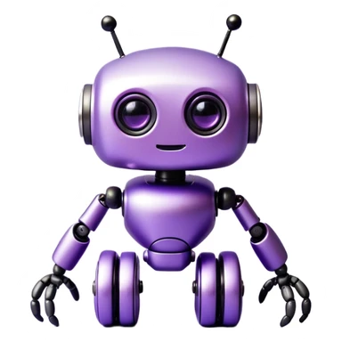 A small, kawaii-style robot inspired by the form of a minimalist machine. The robot is compact, purple-colored (lavender and metallic violet tones), with soft rounded features and a cute face with big shiny eyes. It has flexible, jointed arms and legs like adjustable rods, with black rubber “feet” and a subtle metallic frame. A coiled wire sticks out playfully like a tail. The robot is smiling or winking, radiating friendly and cheeky energy. Overall, it looks like a mix between a gadget, a helper bot, and a collectible mascot. Style: pastel emoji aesthetic, suitable for Instagram. sticker