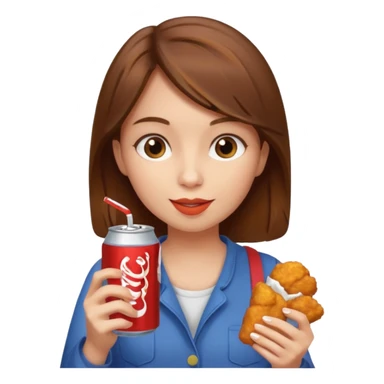 brown hair girl eating with mouth on the chicken nugget and holding a soda can sticker