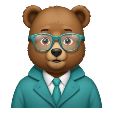 Un oso pardo con un abrigo ( color azul verdoso)y lentes sticker