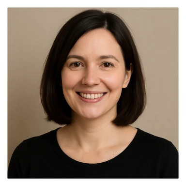 portrait of a white lady with dark brown shoulder length hair, smiling, simple background sticker