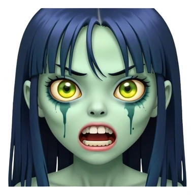 garota zumbi com Pele esverdeada ou azulada. Olhos grandes e amarelados. Cabelo preto, liso e longo, com franja reta. com a boca aberta mostrando dentes escuros. Aparência semelhante a figuras de terror, como fantasmas ou espíritos japoneses. sticker