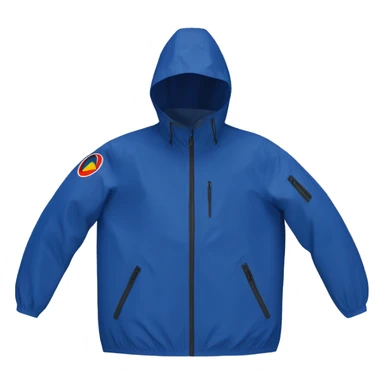 a waterproof K-Way jacket totally in blue royal marine color with hood and the central zip colored with this exact colors hex codes: #1C2747 #EC6E05 #F6DF12, just the object itself sticker