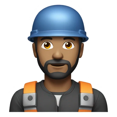 half cyborg face half human with short straight, dark hair, hardhat, and a neatly trimmed beard sticker