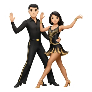 Photorealistic dancesport professional latin couple dancing the samba at the competition dancefloor, the women is in skinny short sparkly dress, the man is in black shirt and black classic pants, the women has brown long hair, the man has short black hair, the man hold woman's hand  sticker