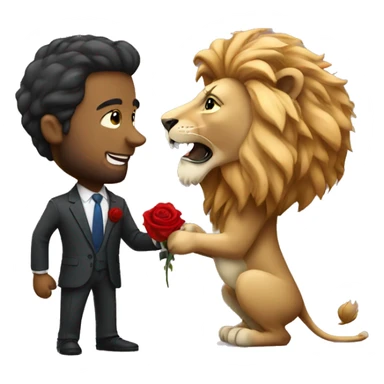 Lion wearing a suit and proposing with rose sticker