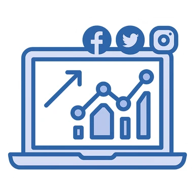 laptop with graphs and social media icons on the screen, digital marketing analytics, flat minimal style sticker