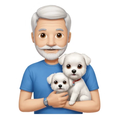 handsome gentleman, 60 years old, short silver hair, beard and moustache, wearing a blue t-shirt, smiling and holding a maltese dog sticker