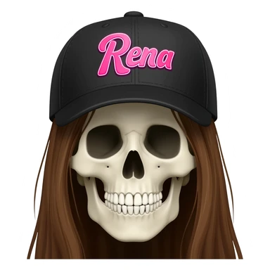 Create a skeleton head wearing a black baseball cap that says "Rena" in pink lettering, with long brown hair sticker