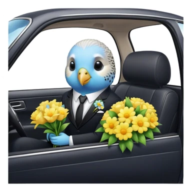 cute budgie in a car in a suit holding flowers  sticker
