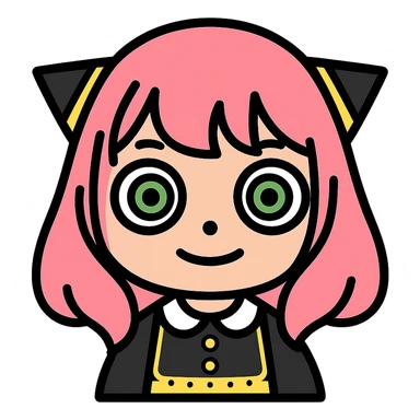 Convert this Anya Forger icon to a color version with her pink hair, green eyes, and black dress with gold accents, keeping the modern icon style and transparent background. sticker