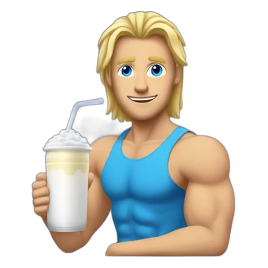 Man with shoulder length blonde hair and blue eyes with muscles sitting in front of computer and a protein shake sticker