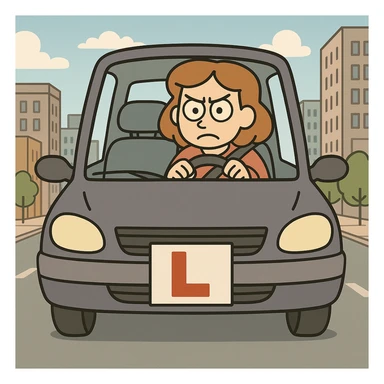 Add a simple city background, keep the focused learner driver in the car with L-plate, cartoon style flat toon illustration. sticker