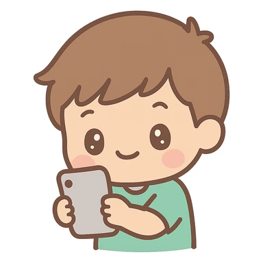 a tan boy with light brown hair holding a phone, kawaii cartoon style sticker