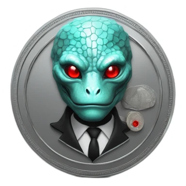 Aquamarine reptilian in classic black suite with red laser eyes on the middle of platinum coin sticker