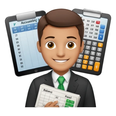 emoji, of a male AUDITOR smiling with Finance spreadsheet , a calculator,plus ADD A puzzle and a Balance for accounting. sticker