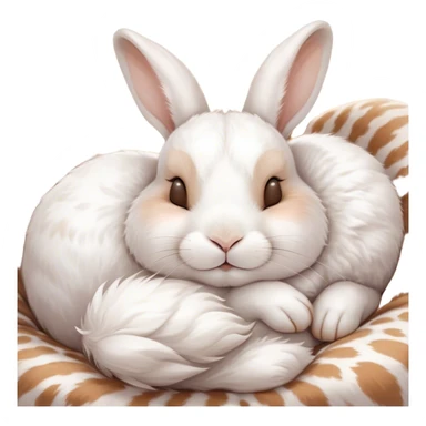 Meme-Worthy Cute Sleeping White and Brown Rabbit Portrait Emoji, Head resting peacefully with a contented smile, showcasing a delightfully balanced build and a luxuriously soft patterned fur of white and brown, eyes shut in a serene nap, Simplified yet hilariously adorable features, highly detailed, glowing with a soft, drowsy light, high shine, relaxed and utterly lovable, stylized with an air of playful laziness, bright and heartwarming, soft glowing outline, capturing the essence of a comically sleepy bunny, so meme-worthy it feels like it could instantly become the next viral sensation of adorable slumber! sticker