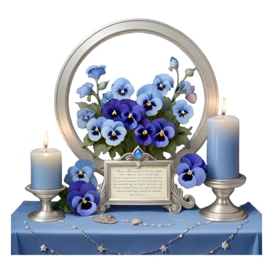 An enchanting night scene where deep blue and light blue pansies gently sway under the soft light of a silver crescent moon. A round, pearl-colored candle sits at the center of a sacred astrological altar, surrounded by silver-trimmed star charts and delicate planetary symbols glowing faintly in the twilight. Nearby, a beautifully crafted crystal sphere rests atop an ancient book of celestial wisdom, reflecting the constellations above. The sky is alive with swirling nebulae and zodiac glyphs, forming intricate cosmic patterns. A faint silver doorway, outlined by threads of lunar energy, shimmers in the background, hinting at hidden knowledge beyond the stars. sticker