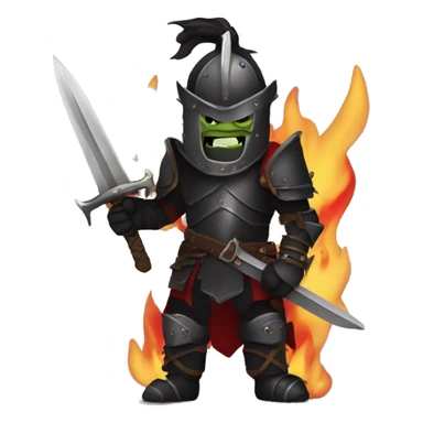 Orc black knight with night armor, sword with flames, Halloween theme, emoji sticker