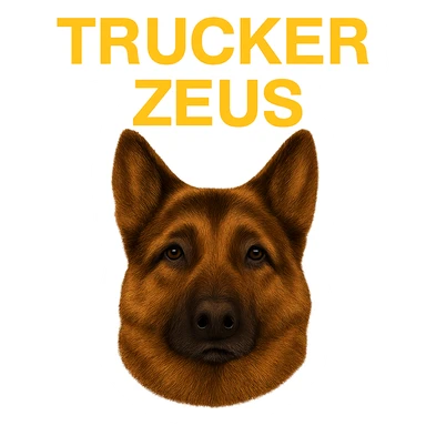 Reduce the image file size as much as technically possible, even if it lowers image quality, while keeping the background fully transparent, the realistic German Shepherd, and yellow 'Trucker Zeus' text. sticker