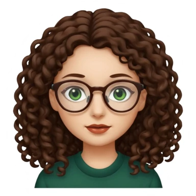 rapariga, olhos verdes escuros, cabelos compridos aos caracóis, com óculos sticker