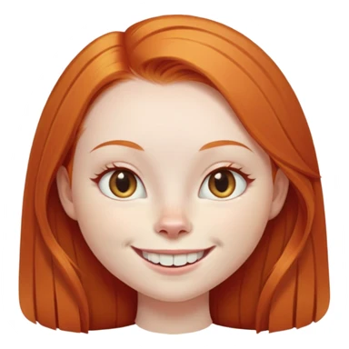 traditional emoji of young girl with very pale skin, long straight bright ginger red hair, cat-like almond-shaped eyes that are angled upward, wide flat nose, big smile with very large prominent teeth showing, classic round face sticker