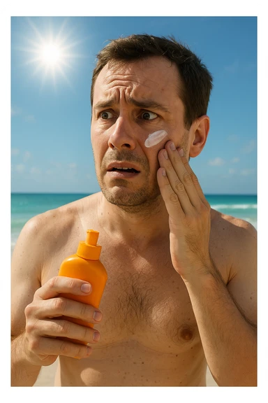 uomo a mare che si mette la crema solare perchè ha paura del sole sticker