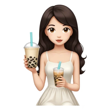 Beautiful woman in 1965’s woman fashion look, white dress, long dark brown hair, bubble tea sticker