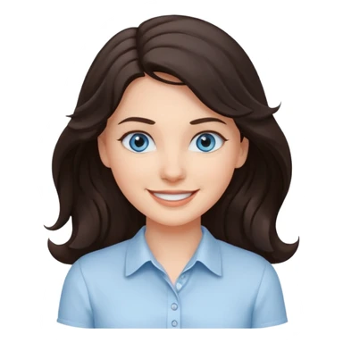 A White girl with wavy and dark hair, light blue eyes and a white shirt smiling sticker