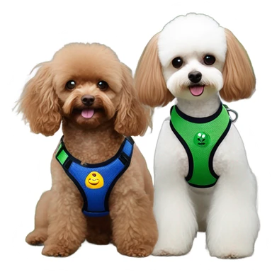 Brown toy poodle with dark blue harness and white Maltese with green harness sticker