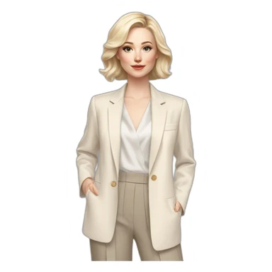 pale skin woman with ash blonde Straightened bob Hair, White Spacious classical jacket, beige palazzo Arrow pants and gray blouse holding a color palettes in the hands sticker