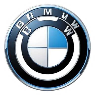 A clean, circular car logo inspired by BMW, with a black outer ring, inner circle divided into four equal quadrants, alternating blue and white colors, bold white letters on the black ring, glossy finish, minimal background, high resolution, professional automotive logo style sticker