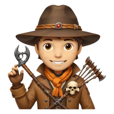 male human monster hunter emoji, wearing brown leather coat and wide hat, holding crossbow, with amulet shaped like skull, Halloween fantasy theme, confident smile, orange scarf, Apple emoji style, clean white background, square image sticker