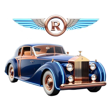 dark blue led lights on a streamlined channeled hot rodded delicately inlaid rose gold and wood accentuated sporty 1939 Rolls Royce with futuristic electric spaceship plasma neon glowing motors and lightening dynamos with wide racing wheels that are held strong by advanced suspension and steering sticker