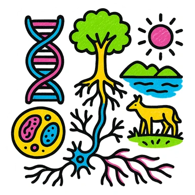 A realistic biological illustration (like in a school book) showing: DNA strands transitioning into a tree, cells with visible organelles, neurons connected to plant roots  and a balanced ecosystem background . Seamless integration, no labels or borders, complete white background (not off white!), detailed but minimalist.  sticker