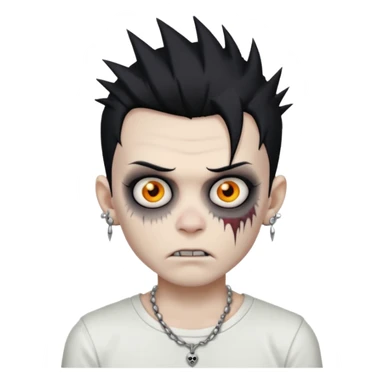 zombie boy with spiky emo black hair and white shirt , tattos, a risk on the eyebrow, earings,  a necklace emoji  sticker