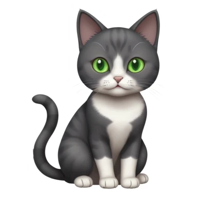 beautiful female solid dark grey cat with green eyes, white toes/paws and white patch on her chest playing sticker