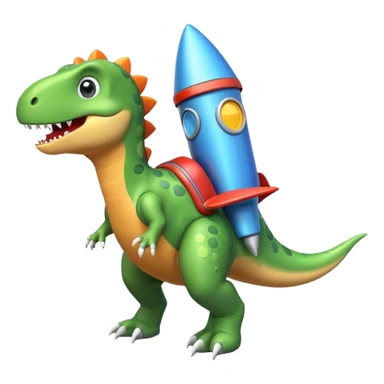 cute toy-like rocket-propelled dinosaur, rounded shapes, glossy texture, colorful rocket backpack, happy expression, 3D cartoon, mobile game icon style, clean background, no text, no watermark
 sticker
