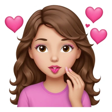 girl with long wavy brown hair, brown eyes, light to medium complexion, in a pink shirt, pink lips, long lashes, puckering up for a kiss, kiss lips and hearts sticker